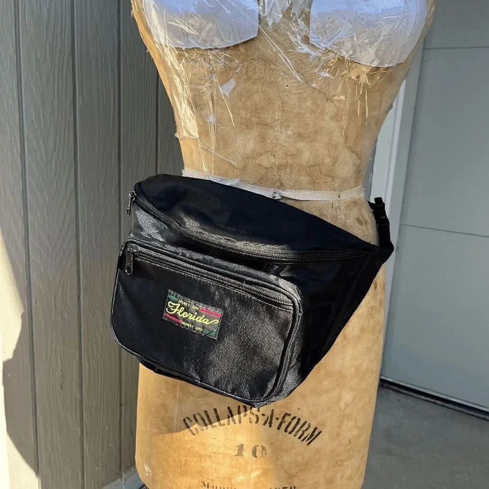 Vintage 80s/90s "Florida Money Bag" Black Nylon XL Fanny Pack with Adjustable St